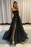 Black Lace Long A-Line Prom Dresses, Black Spaghetti Strap Evening Dresses HZ0429