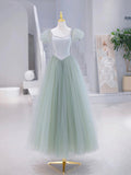 Green Tulle Floor Length Prom Dress, Green Short Sleeve Evening Party Dress HZ0429
