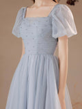 Gray Tulle Pearl Short Prom Dress, Cute Short Sleeve Party Dress HZ0429