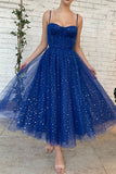 Blue Tulle Short Prom Dresses, A-Line Spaghetti Strap Evening Dresses HZ0429
