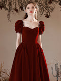 Burgundy Velvet Floor Length Prom Dress, Burgundy Short Sleeve Formal Dress HZ0429