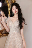 Champagne Sequin Evening Gown V/Sweetheart Neck Formal Prom Dress, Sparkle Ball Gown HZ0429