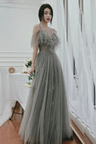 Gray Tulle Sequins Long Prom Dresses, A-Line Evening Dresses HZ0429