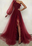 Burgundy Tulle Long Prom Dresses, One Shoulder Evening Dresses HZ0429