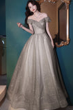 Grey Tulle Long Prom Dresses, A-Line Off the Shoulder Prom Dresses HZ0429