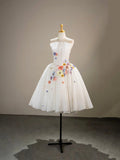 White Tulle Lace Short Prom Dress, Lovely A-Line Strapless Party Dress HZ0429