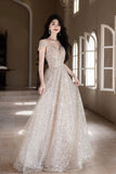 Champagne Sequin Evening Gown V/Sweetheart Neck Formal Prom Dress, Sparkle Ball Gown HZ0429