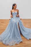Blue Lace and Tulle Long Prom Dresses, A-Line Strapless Evening Dresses HZ0429