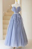 Blue Off Shoulder Tulle Long Formal Dress, A-Line Blue Evening Dress HZ0429