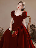 Burgundy Velvet Floor Length Prom Dress, Burgundy Short Sleeve Formal Dress HZ0429