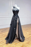 Black Tulle Lace Long Prom Dress, One Shoulder Evening Dress with Slit HZ0429