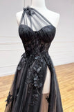 Black Tulle Lace Long Prom Dress, One Shoulder Evening Dress with Slit HZ0429