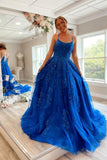 Blue Lace Long Prom Dresses, A-Line Backless Evening Party Dress HZ0429