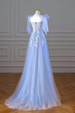 Blue Spaghetti Strap Tulle Lace Long Prom Dress, A-Line Evening Party Dress HZ0429