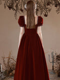 Burgundy Velvet Floor Length Prom Dress, Burgundy Short Sleeve Formal Dress HZ0429