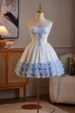 Sweetheart Neck White and Blue Ruffle Tulle Dress | Formal Short Dress HZ0429