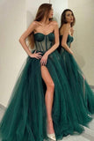 Green Strapless Tulle Long Prom Dress, A-Line Evening Dress with Slit HZ0429