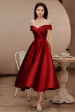 Burgundy Satin Short Prom Dresses, Off the Shoulder Evening Dresses HZ0429