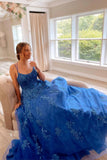Blue Lace Long Prom Dresses, A-Line Backless Evening Party Dress HZ0429