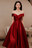 Burgundy Satin Short Prom Dresses, Off the Shoulder Evening Dresses HZ0429