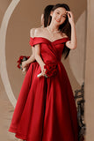 Burgundy Satin Short Prom Dresses, Off the Shoulder Evening Dresses HZ0429