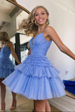 Cute V-Neck Tulle Short Prom Dress, A-Line Spaghetti Strap Party Dress HZ0429