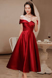 Burgundy Satin Short Prom Dresses, Off the Shoulder Evening Dresses HZ0429