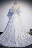 Blue Tulle Long Prom Dresses, Cute A-Line Evening Dresses HZ0429