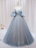 Blue Puff Sleeve Long A-Line Prom Dress, Off the Shoulder Formal Evening Dress HZ0429
