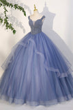Blue Beaded Tulle Long A-Line Prom Dress, Blue Formal Evening Dress HZ0429