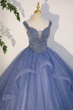 Blue Beaded Tulle Long A-Line Prom Dress, Blue Formal Evening Dress HZ0429