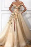 Champagne Tulle Appliques Long Prom Dresses, A-Line Evening Dresses with Slit HZ0429