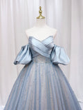 Blue Puff Sleeve Long A-Line Prom Dress, Off the Shoulder Formal Evening Dress HZ0429