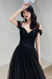 Black Tulle Long A-Line Prom Dresses, Off the Shoulder Evening Dresses HZ0429