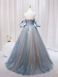 Blue Puff Sleeve Long A-Line Prom Dress, Off the Shoulder Formal Evening Dress HZ0429