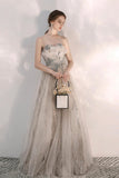 Champagne Tulle Sequins Long Prom Dresses, A-Line Evening Dresses HZ0429