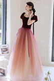 Burgundy Velvet Tulle Long Prom Dresses, A-Line Evening Dresses HZ0429