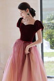 Burgundy Velvet Tulle Long Prom Dresses, A-Line Evening Dresses HZ0429