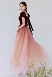 Burgundy Velvet Tulle Long Prom Dresses, A-Line Evening Dresses HZ0429