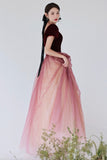 Burgundy Velvet Tulle Long Prom Dresses, A-Line Evening Dresses HZ0429