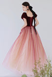 Burgundy Velvet Tulle Long Prom Dresses, A-Line Evening Dresses HZ0429