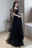 Black Tulle Long A-Line Prom Dresses, Off the Shoulder Evening Dresses HZ0429