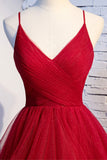 Red V-Neck Tulle Long Prom Dress, A-Line Evening Dress HZ0429