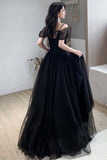 Black Tulle Long A-Line Prom Dresses, Off the Shoulder Evening Dresses HZ0429