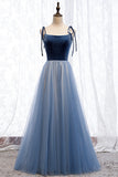 Blue Velvet Tulle Long Prom Dresses, A-Line Evening Dresses HZ0429