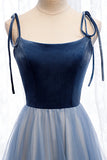 Blue Velvet Tulle Long Prom Dresses, A-Line Evening Dresses HZ0429