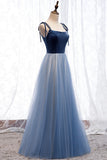 Blue Velvet Tulle Long Prom Dresses, A-Line Evening Dresses HZ0429