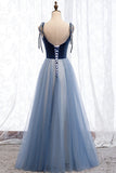 Blue Velvet Tulle Long Prom Dresses, A-Line Evening Dresses HZ0429