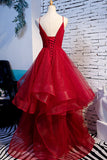 Red V-Neck Tulle Long Prom Dress, A-Line Evening Dress HZ0429