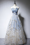 Blue Strapless Ombre Tulle Long Prom Dresses, A-Line Evening Dresses HZ0429